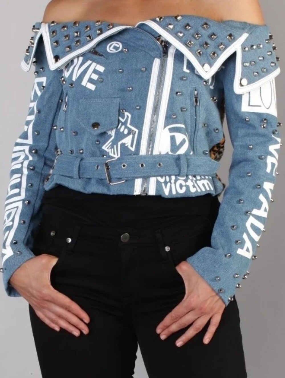 For Her NYC Denim Leopard Studded Off Shoulder Moto Jacket Size XL NWT'S